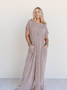 Three Bird Nest Taupe Ribbed Jumpsuit with Pockets